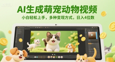 AI生成萌宠动物视频，小白轻松上手，多种变现方式，日入4位数-hl998
