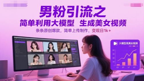 男粉引流之简单利用大模型生成美女视频，条条原创爆款，简单上传制作，变现日1k+-hl998