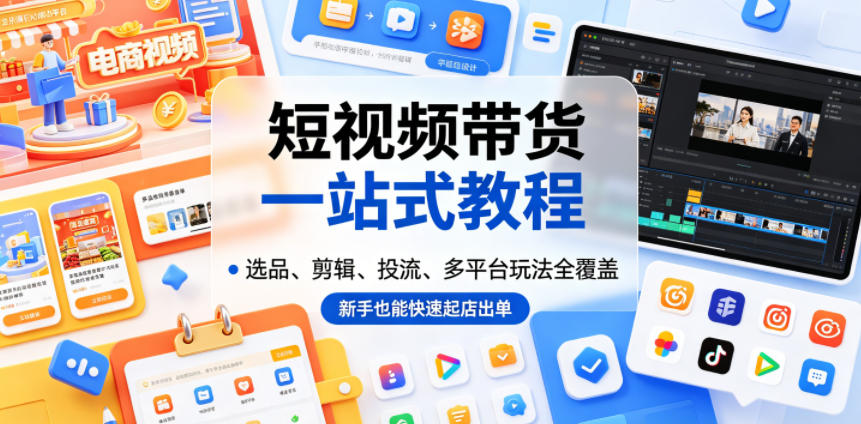 短视频带货一站式教程，选品、剪辑、投流、多平台玩法全覆盖，新手也能快速起店出单-hl998