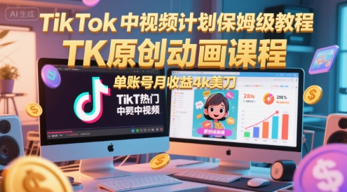 TikTok中视频计划保姆级教程，TK原创动画课程，单账号月收益4k美刀-hl998