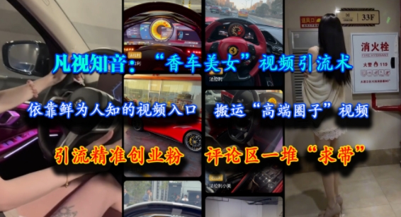 凡视知音：“香车美女”视频引流术，依靠鲜为人知的视频入口，搬运“高端圈子”视频，引流精准创业粉，评论区一堆“求带”-hl998
