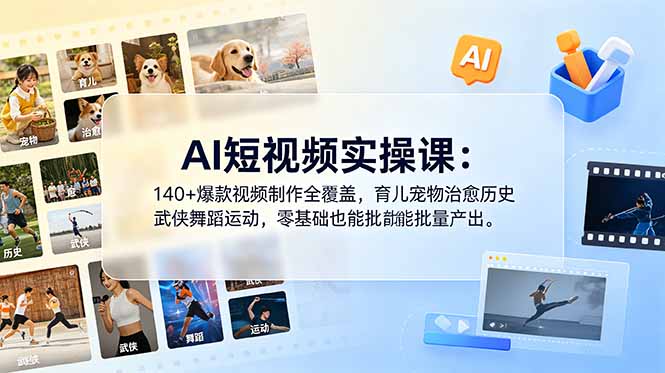 AI短视频实操课：140+爆款视频制作全覆盖，育儿宠物治愈历史武侠舞蹈运动，零基础也能批量产出-hl998