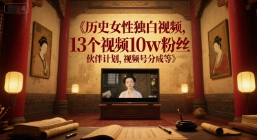 历史女性独白视频，13个视频10w粉丝，伙伴计划，视频号分成等-hl998