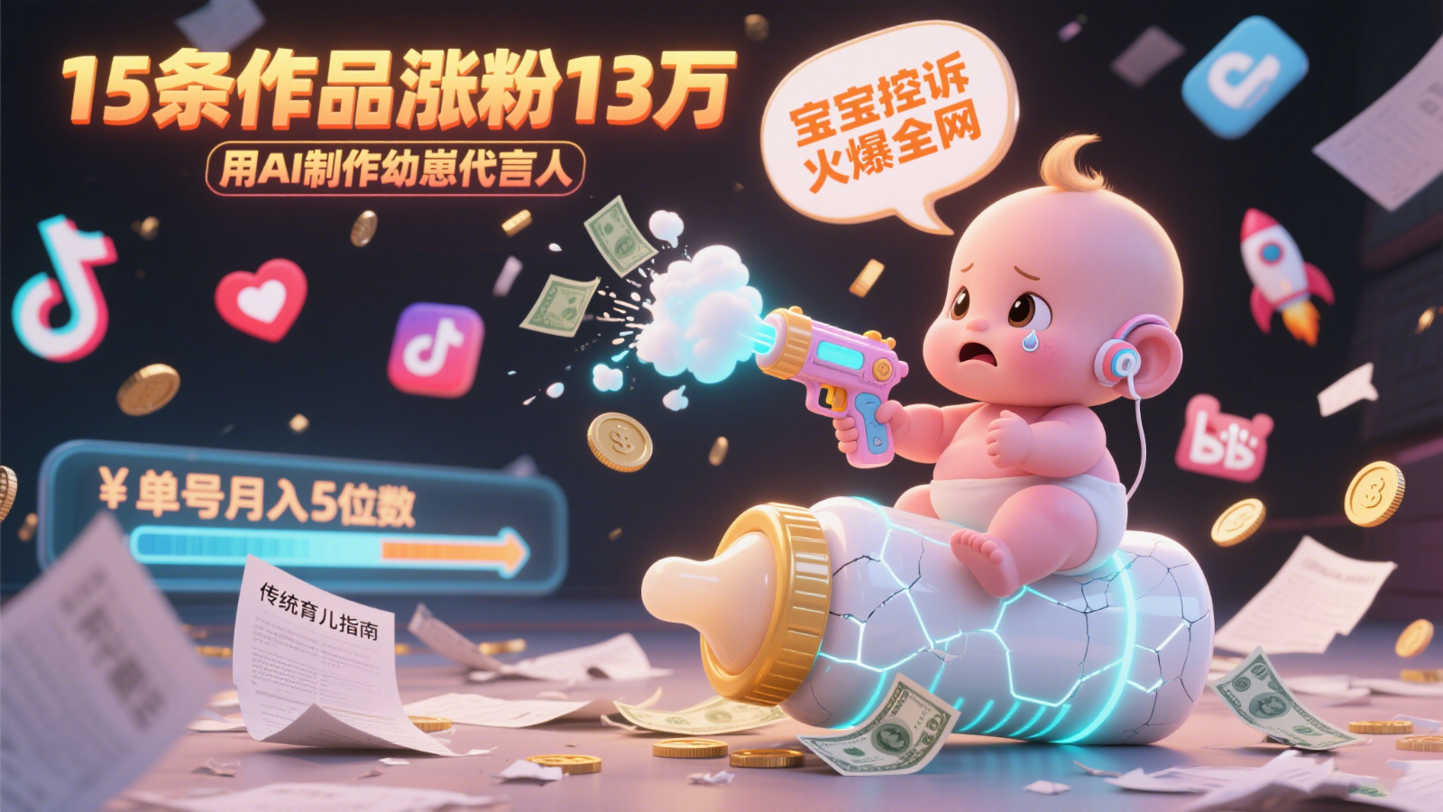 用AI制作幼崽代言人，宝宝的控诉火爆全网，15条作品涨粉13万，单号月入5位数实操教程-hl998