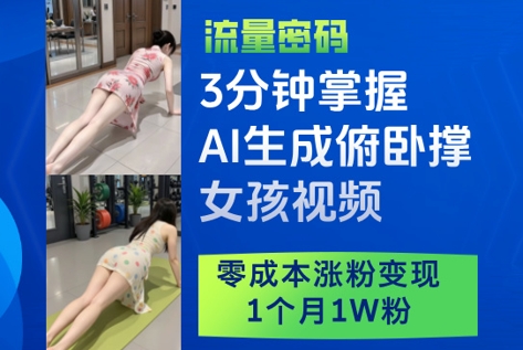 3分钟掌握AI生成俯卧撑女孩视频，零成本涨粉变现，1个月1W粉-hl998