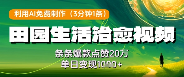 利用AI免费制作田园生活治愈视频，条条爆款点赞20W，单日变现几张-hl998