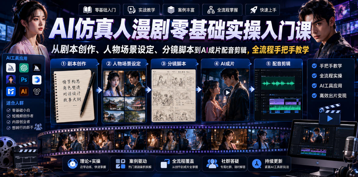 AI仿真人漫剧零基础实操入门课，从剧本创作、人物场景设定、分镜脚本到AI成片配音剪辑，全流程手把手教学-hl998