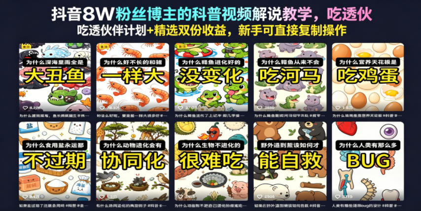 抖音8W粉丝博主的科普视频解说教学，吃透伙伴计划+精选双份收益，新手可直接复制操作-hl998