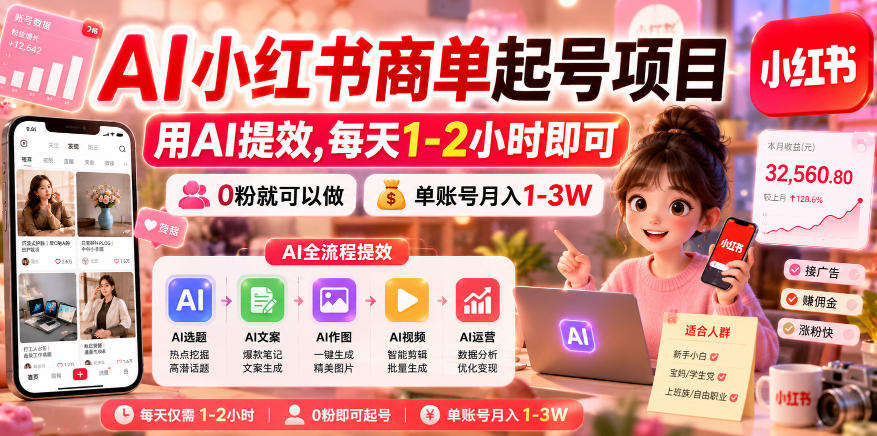AI小红书商单起号项目，用AI提效,每天1-2小时即可，0粉就可以做，单账号月入1-3W-hl998