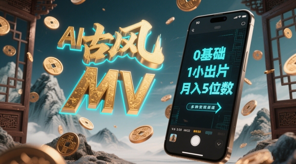 AI一键生成古风音乐MV，0剪辑基础1小时出片，多种变现渠道，一部手机月入5位数-hl998