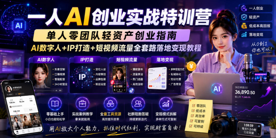 一人AI创业实战特训营，单人零团队轻资产创业指南，AI数字人+IP打造+短视频流量全套路落地变现教程-hl998