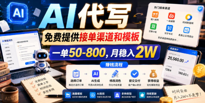 AI代写，免费提供接单渠道和模板，一单50-800，月稳入2W【揭秘】-hl998