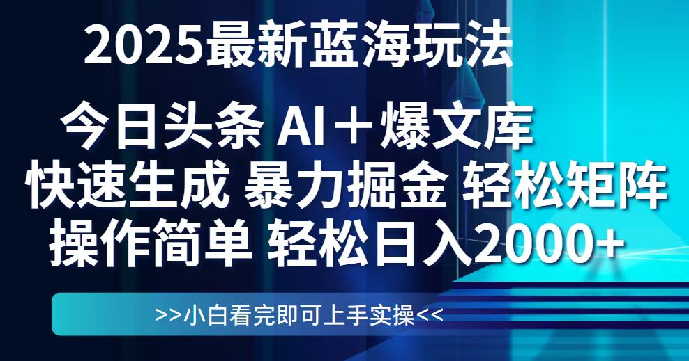 今日头条2025最新蓝海玩法，思路简单，复制粘贴，轻松实现矩阵日入2000+-hl998