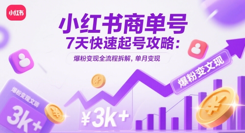 小红书商单号7天快速起号攻略：爆粉变现全流程拆解，单月变现3k+-hl998