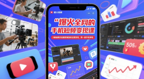 爆火全网的手机短视频变现课，0基础教你拍摄剪辑涨粉运营变现，用一部手机挣钱-hl998