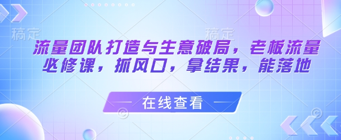 流量团队打造与生意破局，老板流量必修课，抓风口，拿结果，能落地-hl998
