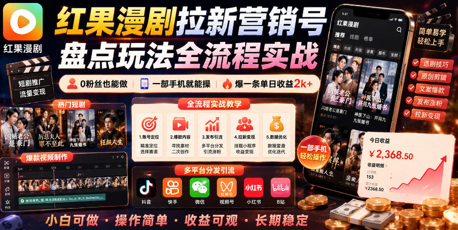 红果漫剧拉新营销号盘点玩法全流程实战，0粉丝也能做，一部手机就能做，爆一条单日收益2k+-hl998