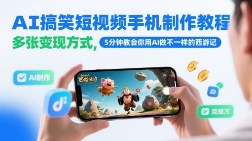 AI搞笑短视频手机制作教程，多张变现方式，5分钟教会你用AI做不一样的西游记-hl998