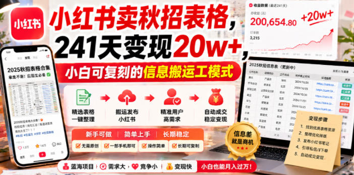 小红书卖秋招表格，241天变现20w+，小白可复刻的信息搬运工模式-hl998