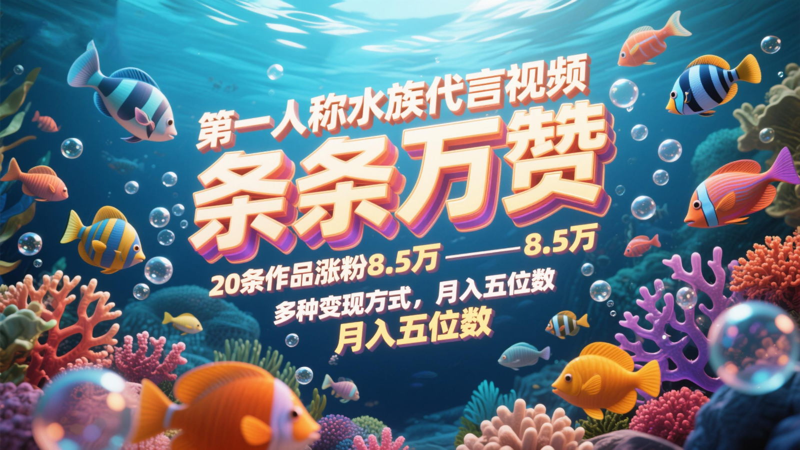 第一人称水族代言视频，条条万赞，20条作品涨粉8.5万，多种变现方式月，入五位数-hl998