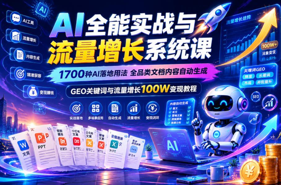 AI全能实战与流量增长系统课，1700种AI落地用法，全品类文档内容自动生成，GEO关键词与流量增长100W变现教程-hl998