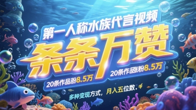 第一人称水族代言视频，条条万赞，20条作品涨粉7.8W，多种变现方式月入五位数-hl998