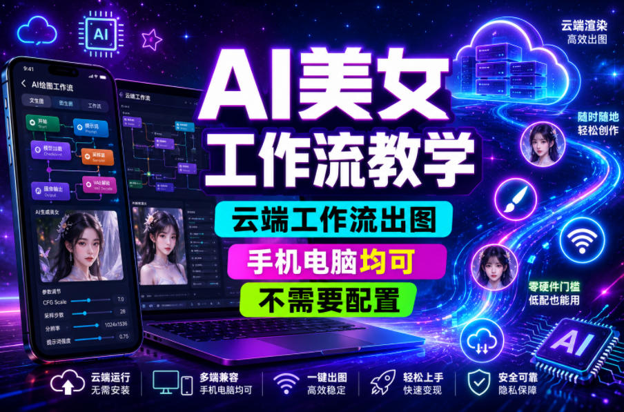 AI美女工作流教学，云端工作流出图，手机电脑均可，不需要配置，快速起号涨粉-hl998