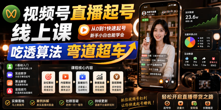 视频号直播起号线上课，吃透算法弯道超车(2026年6月)-hl998