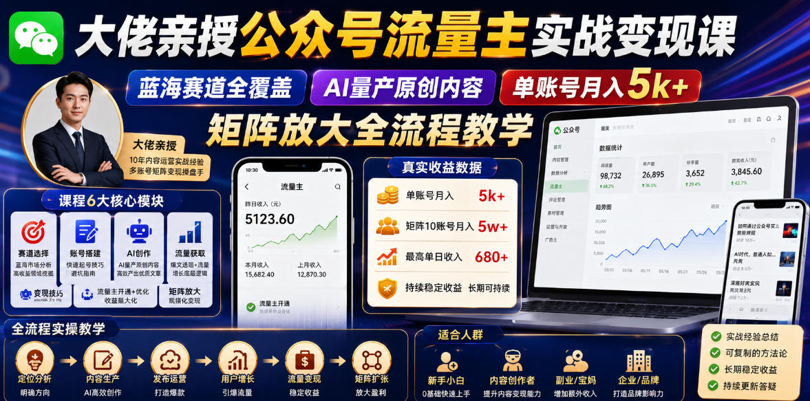 大佬亲授公众号流量主实战变现课，蓝海赛道全覆盖，AI量产原创内容，单账号月入5k+矩阵放大全流程教学-hl998