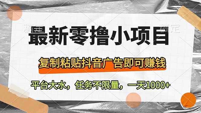 最新零撸小项目，复制粘贴抖音广告即可赚钱，平台大水，任务不限量，一...-hl998
