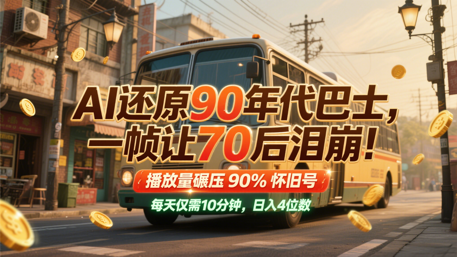 AI还原90年代巴士，一帧让70后泪崩！播放量碾压90%怀旧号，每天10分钟，日入4位数-hl998