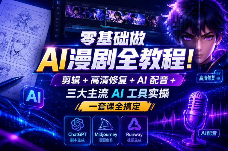 零基础做AI漫剧全教程！剪辑+高清修复+AI配音+三大主流AI工具实操，一套课全搞定-hl998
