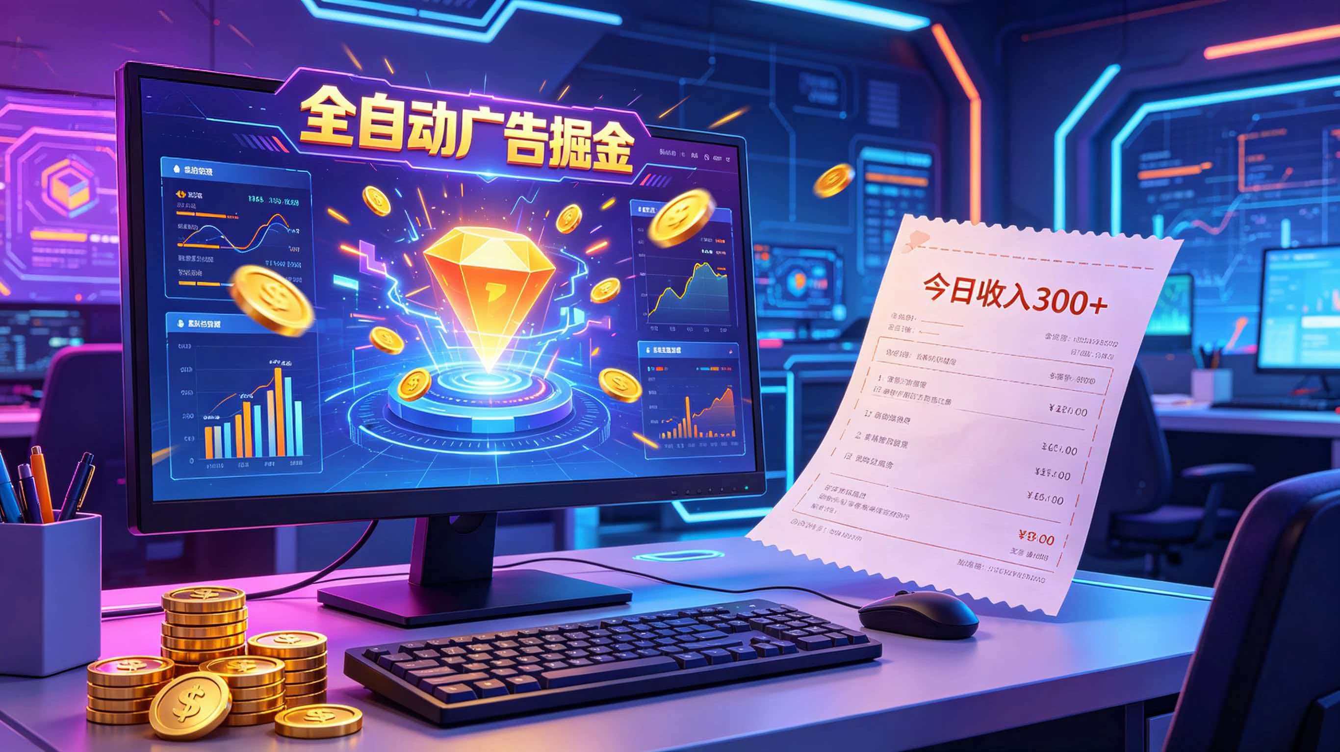 全自动广告掘金，日入300+。全程Ai自动化运行，解放双手，时间自由。收益稳定-hl998