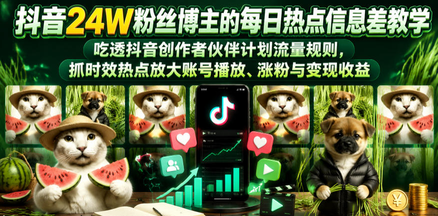 抖音24W粉丝博主的每日热点信息差教学，吃透创作者伙伴计划流量规则，抓时效热点放大账号播放、涨粉与变现收益(更新)-hl998
