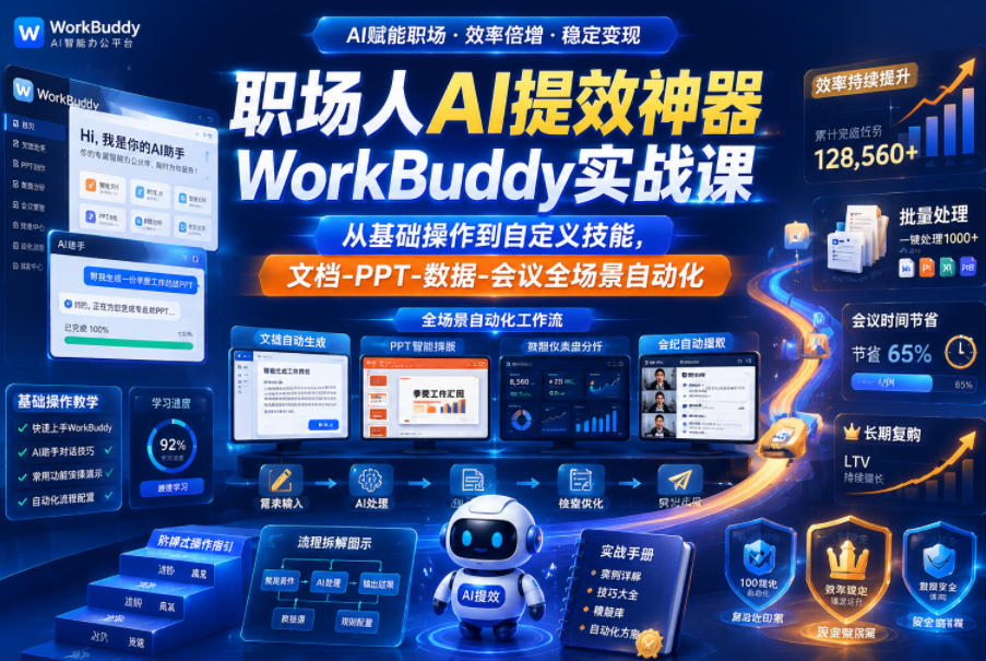 职场人AI提效神器WorkBuddy实战课，从基础操作到自定义技能，文档-PPT-数据-会议全场景自动化-hl998