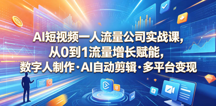 AI短视频一人流量公司实战课，从0到1流量增长赋能，数字人制作・AI自动剪辑・多平台变现，一人做流量生意全落地教程-hl998