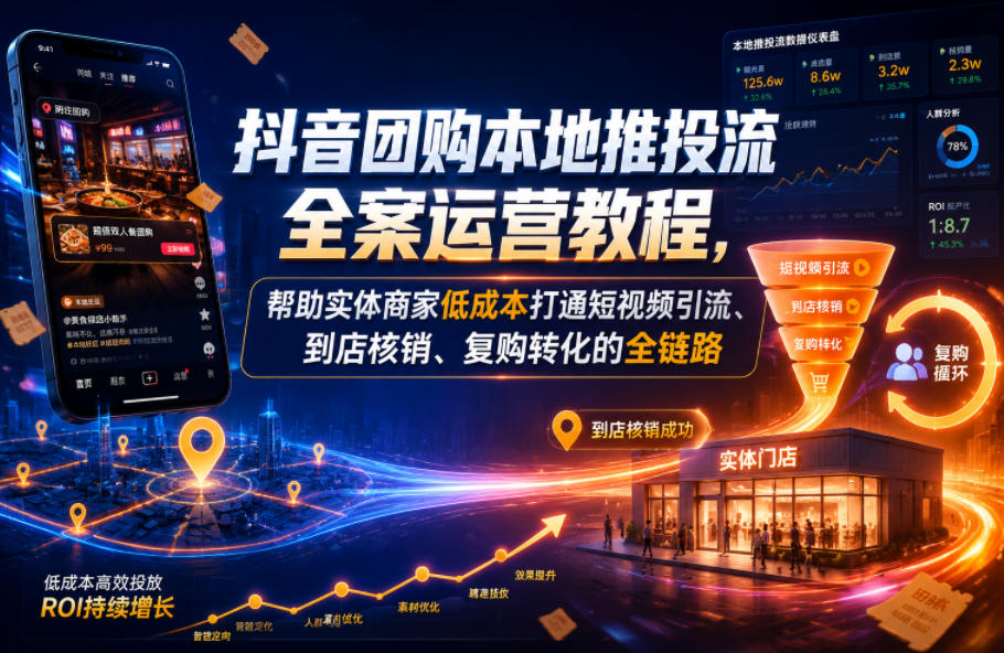 抖音团购本地推投流全案运营教程，帮助实体商家低成本打通短视频引流、到店核销、复购转化的全链路-hl998
