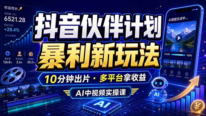 抖音伙伴计划最新玩法，无需配音剪辑，10分钟出一条原创视频，轻松日入三位数-hl998