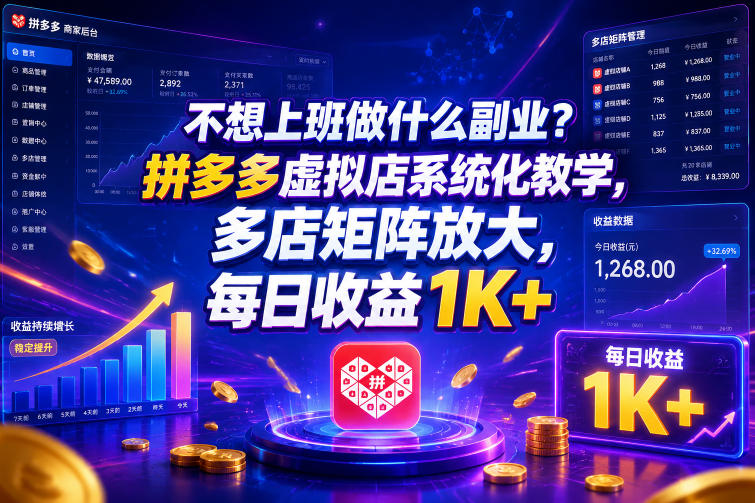 不想上班做什么副业？拼多多虚拟店系统化教学，多店矩阵放大，每日收益1K+【揭秘】-hl998