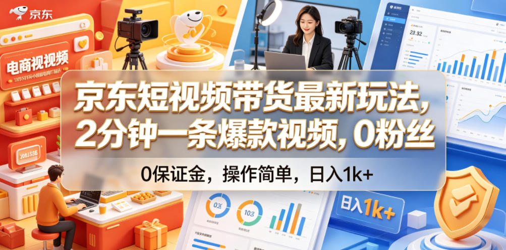 京东短视频带货最新玩法，2分钟一条爆款视频，0粉丝，0保证金，操作简单，日入1k+【揭秘】-hl998