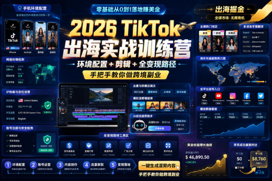 2026 TikTok出海实战训练营，环境配置 + 剪辑 + 全变现路径，手把手教你做跨境副业-hl998