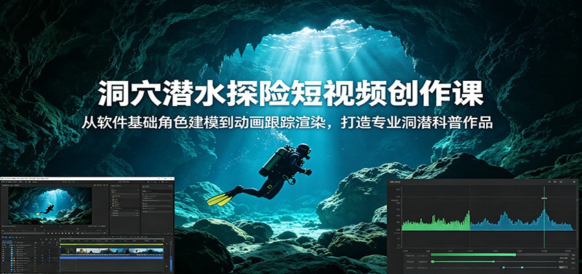 洞穴潜水探险短视频创作课：从软件基础角色建模到动画跟踪渲染，打造专业洞潜科普作品-hl998