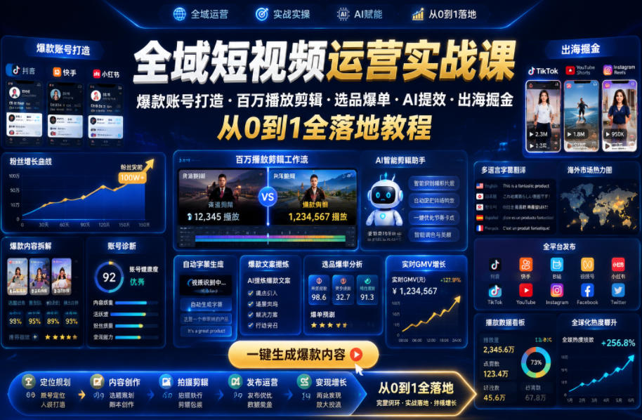 全域短视频运营实战课，爆款账号打造・百万播放剪辑・选品爆单・AI提效・出海掘金，从0到1全落地教程-hl998