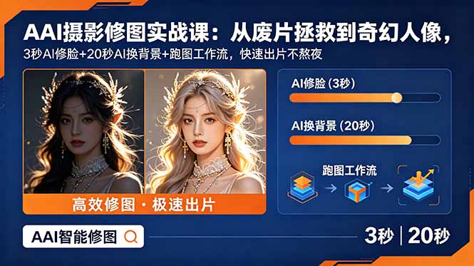 AI摄影修图实战课：从废片拯救 到 奇幻人像，3秒AI修脸+20秒AI换背景+跑图工作流，快速出片不熬夜-hl998