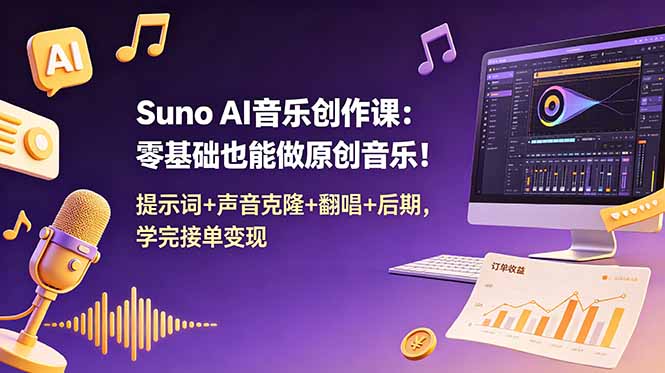 Suno AI音乐创作课：零基础也能做原创音乐！提示词+声音克隆+翻唱+后期，学完接单变现-hl998