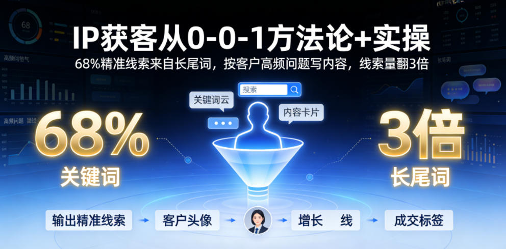 IP获客从0-1方法论+实操，68%精准线索来自长尾词，按客户高频问题写内容，线索量翻3倍-hl998