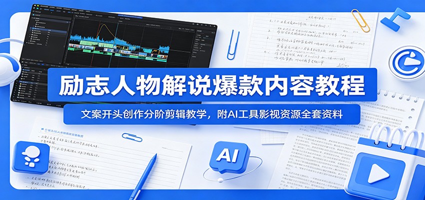 励志人物解说爆款内容教程：文案开头创作分阶剪辑教学，附AI 工具影视资源全套资料-hl998
