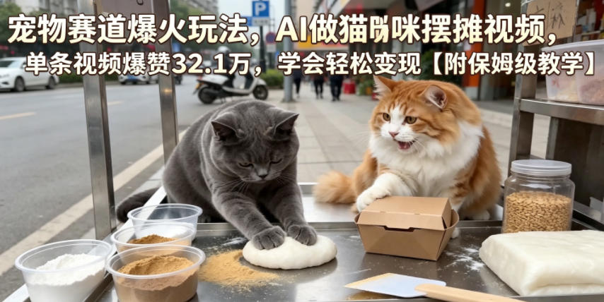 宠物赛道爆火玩法，AI做猫咪摆摊视频，单条视频爆赞32.1万，学会轻松变现【附保姆级教学】-hl998