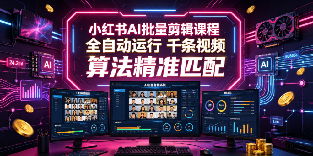 小红书AI批量剪辑课程，24小时全自动运行，解放双手专注运营，千条视频批量处理，小红书算法精准匹配-hl998
