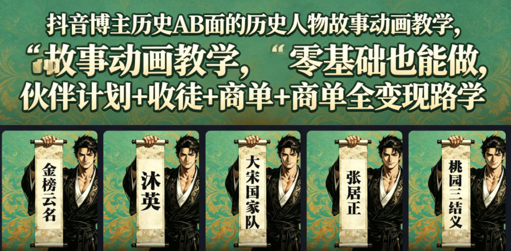 抖音博主历史AB面的历史人物故事动画教学，零基础也能做，伙伴计划+收徒+商单全变现路径教学-hl998
